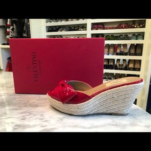 New w/box Valentino Red Leather Bow Wedge Sandals